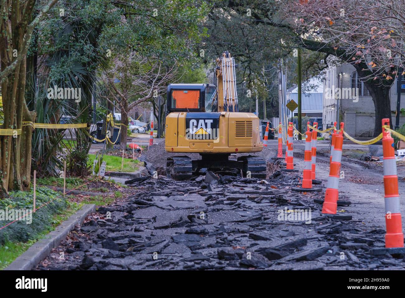 NEW ORLEANS, LA, États-Unis - 22 janvier 2021 : travaux routiers sur la rue Uptown Banque D'Images