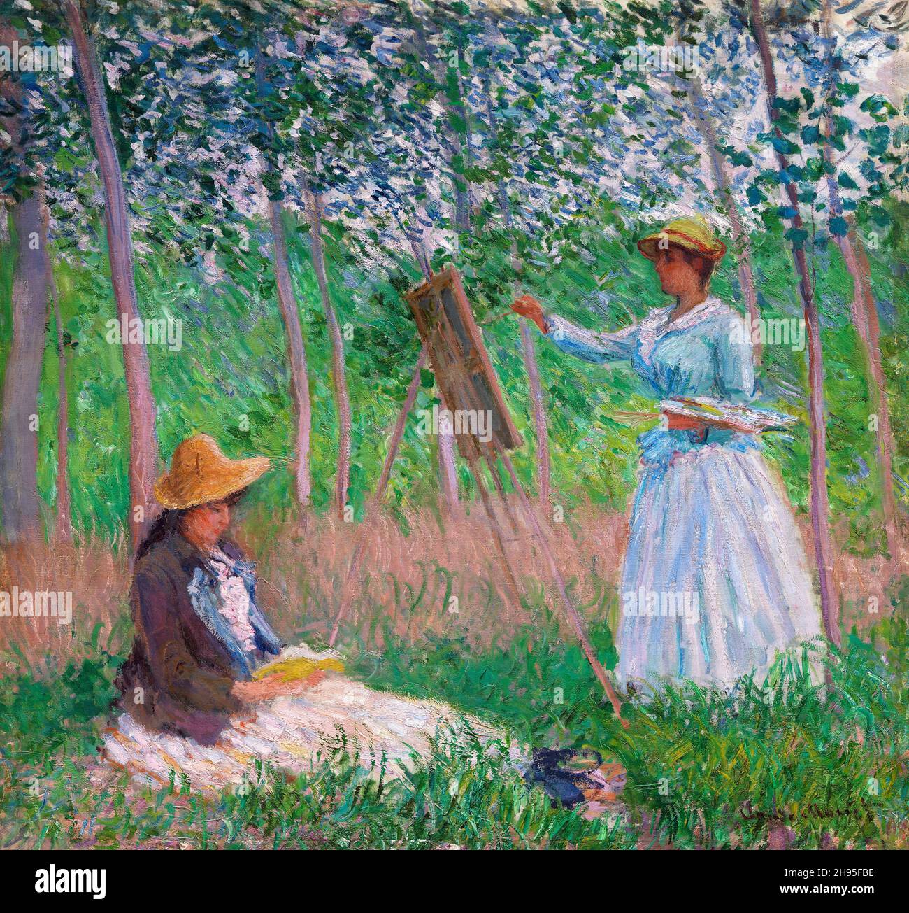 Dans les bois de Giverny : Blanche Hoschedé à son Easel avec Suzanne Hoschedé lecture de Claude Monet (1840-1926), peinture, huile sur toile, 1887 Banque D'Images
