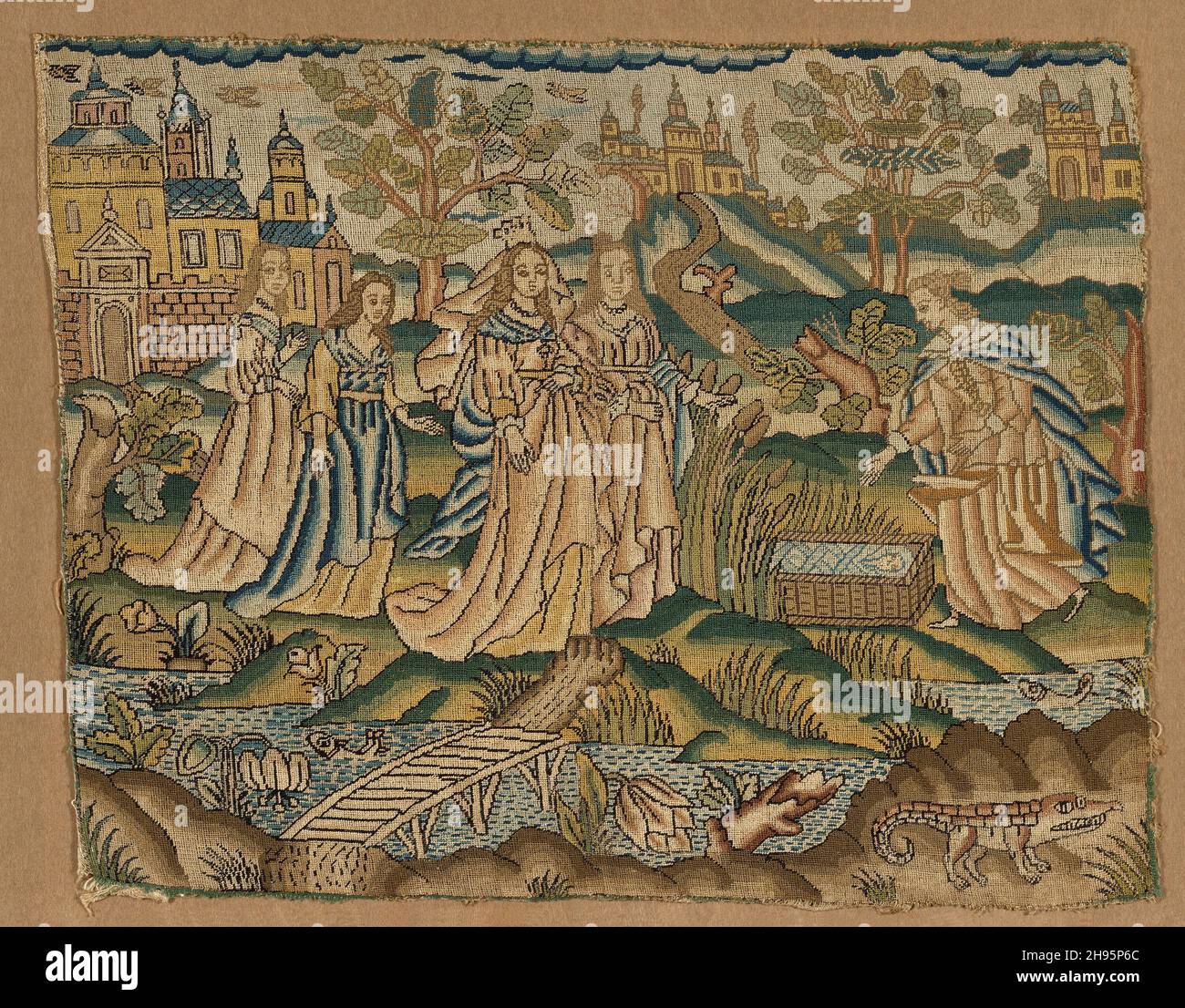 Photo religieuse, Angleterre, XVIIe siècle.La fille de Pharoah trouve Moïse parmi les taureaux du Nil. Banque D'Images