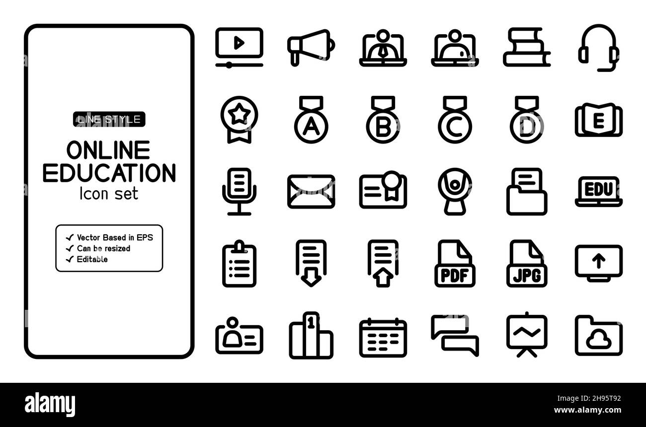 Ensemble d'icônes de formation en ligne et de vecteur informatique.Il peut être utilisé dans l'enseignement en ligne. Il contient icône de streaming, scores, webcam, rang et plus encore. Illustration de Vecteur