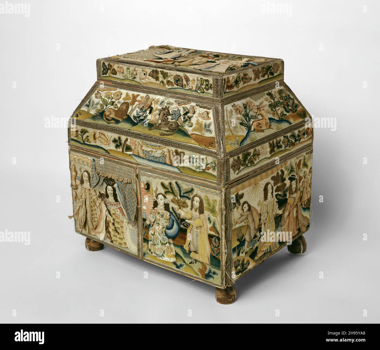 Cercueil représentant des scènes de l'ancien Testament, Angleterre, 1668. Banque D'Images