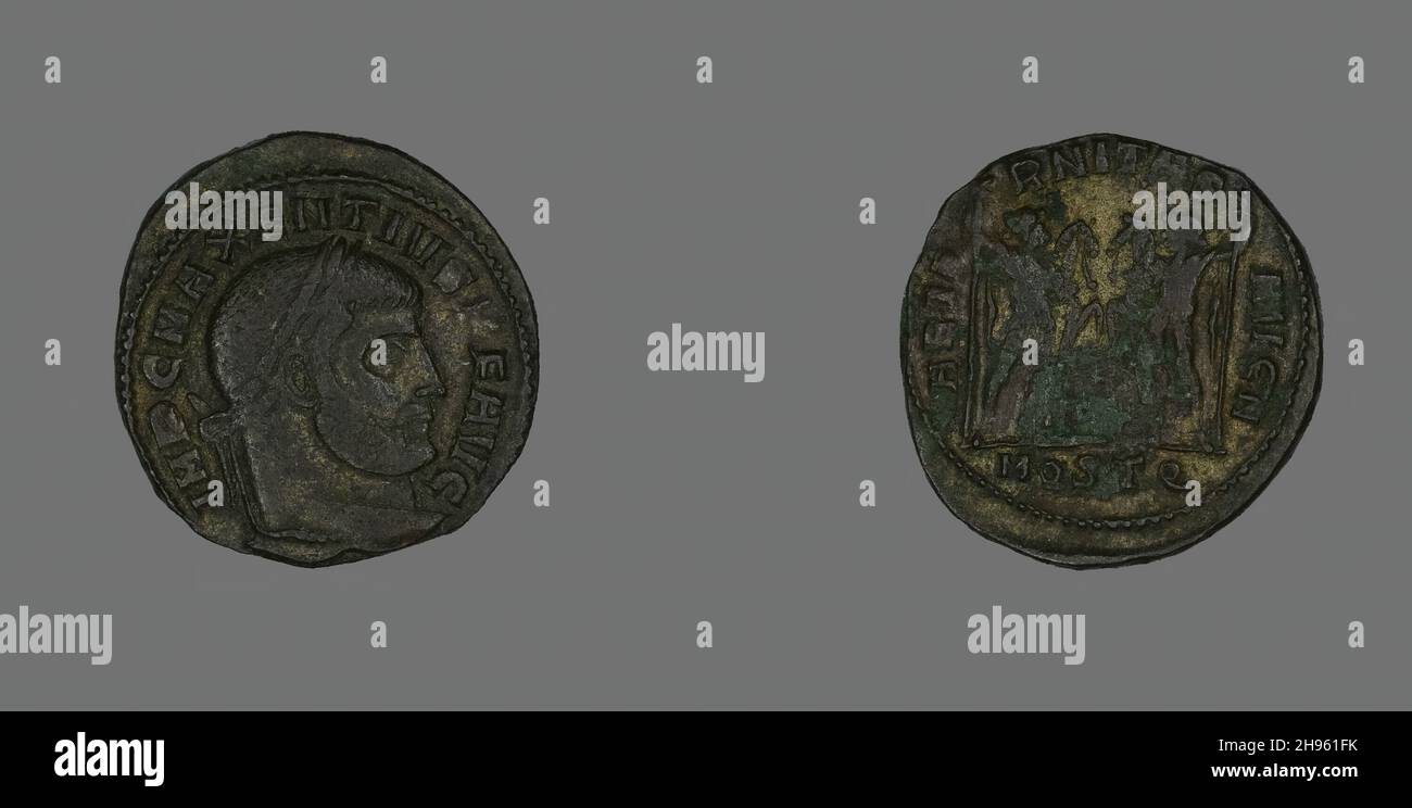 Follis (coin) représentant l'empereur Maxentius, 309-312.Minted à Ostia (près de l'ancien port de Rome). Banque D'Images