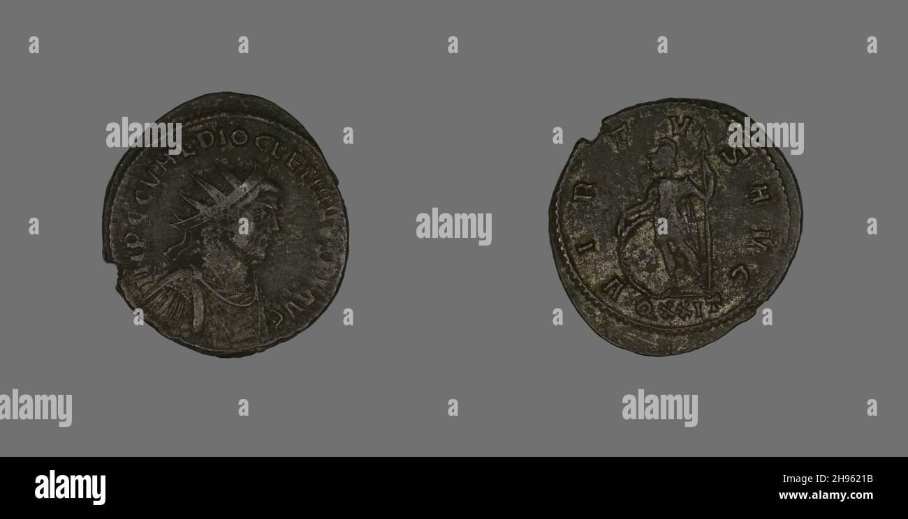 Antoninianus (coin) représentant l'empereur Dioclétien, vers 285.Inverse, soldat avec lance et bouclier.Minted à Ticinum (en Italie moderne). Banque D'Images