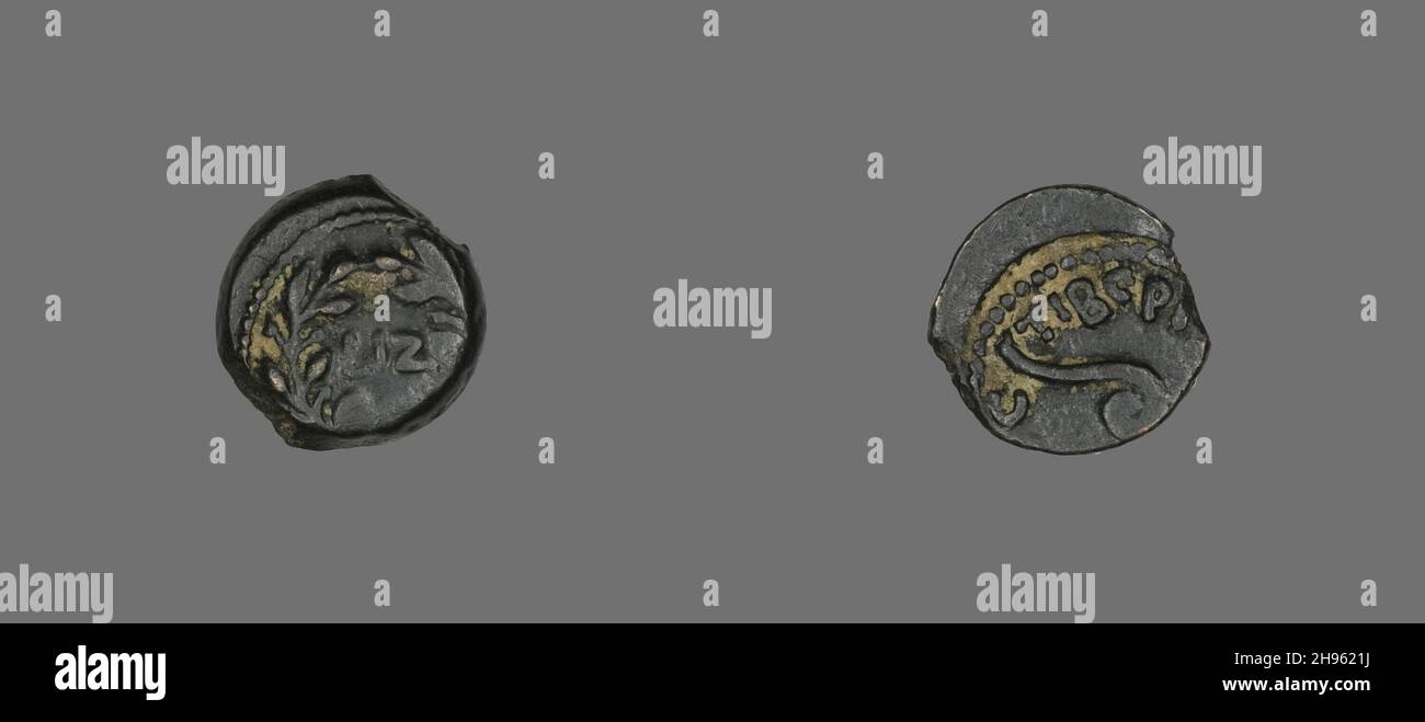 Pièce représentant une couronne d'olivier, 30-31 ce, Procureur : Pontius Pilatus (règne de Tibère).Inverse : lituus (personnel sacré).Minée en Palestine. Banque D'Images