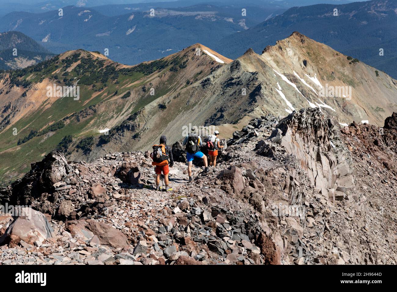 WA20480-00....WASHINGTON - randonneurs sur le Pacific Crest Trail, dans la nature sauvage de Goat Rocks, dans la forêt nationale Gifford Pinchot. Banque D'Images