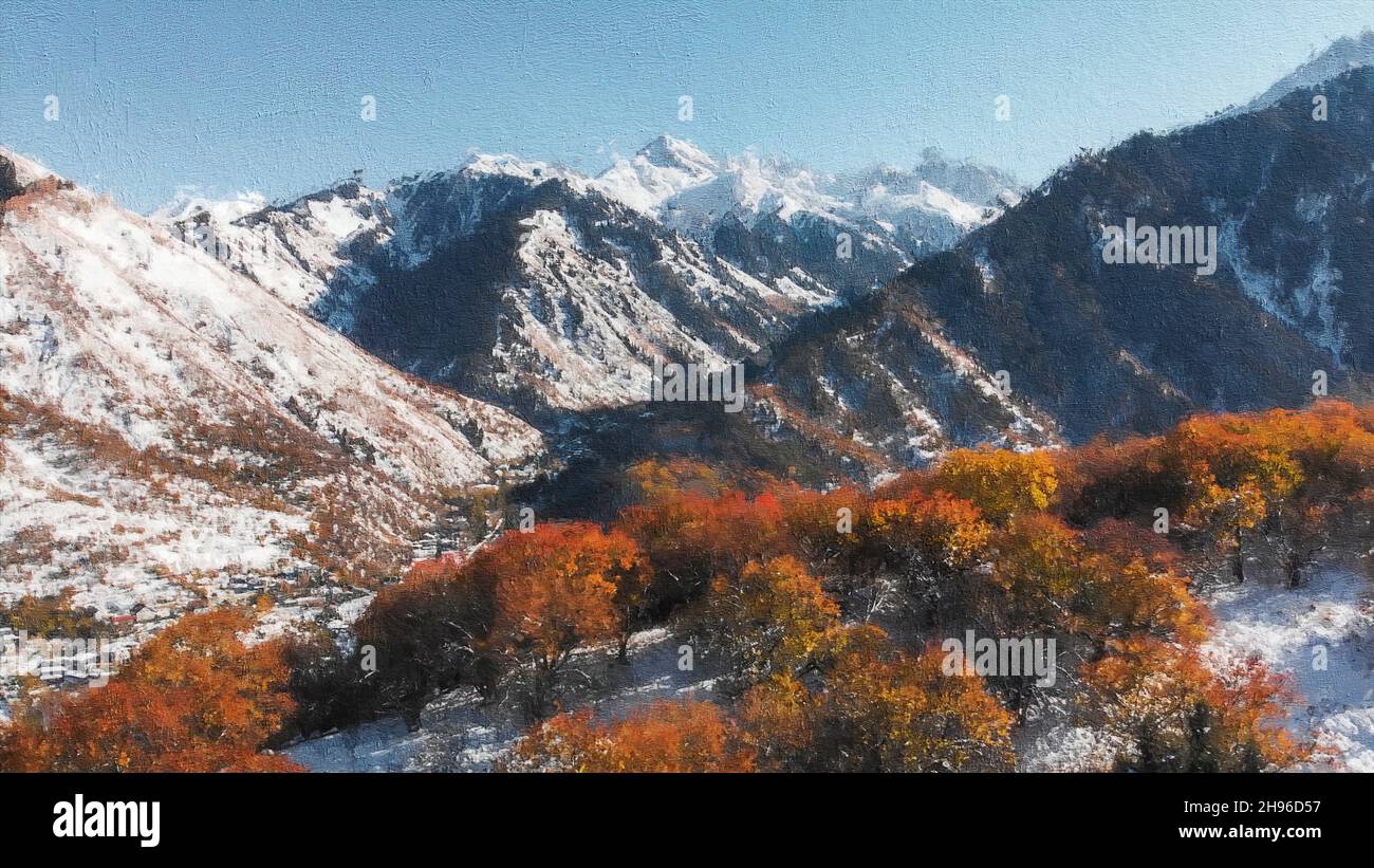 Montagnes enneigées, arbres jaunes et ciel pastel toile peinture à l'huile Banque D'Images