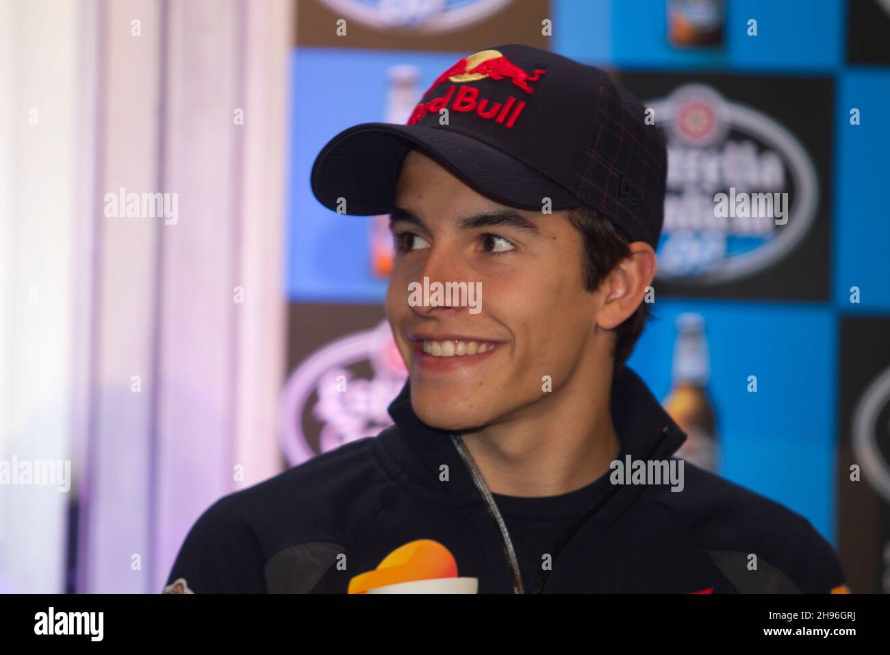 A Corogne-Espagne.Événement promotionnel pour Marc Márquez, champion du monde du motocyclisme au siège de l'usine de bière Estrella Galicia le 30 avril, Banque D'Images