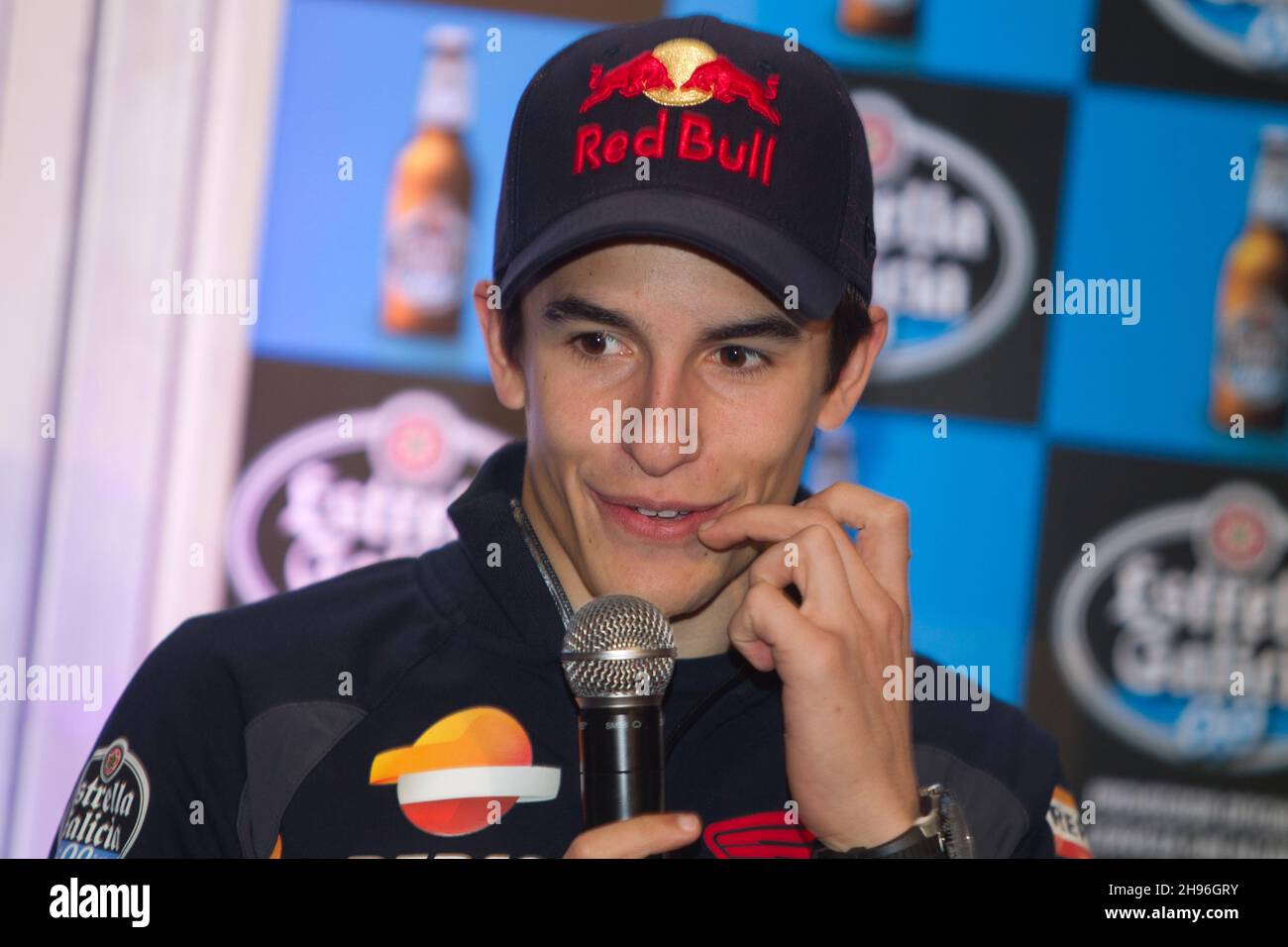 A Corogne-Espagne.Événement promotionnel pour Marc Márquez, champion du monde du motocyclisme au siège de l'usine de bière Estrella Galicia le 30 avril, Banque D'Images