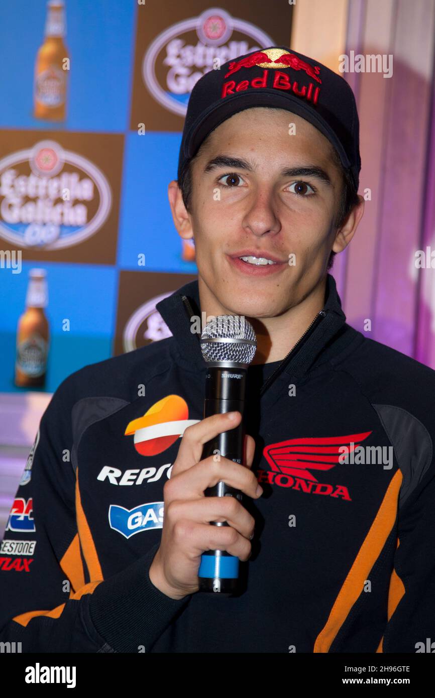 A Corogne-Espagne.Événement promotionnel pour Marc Márquez, champion du monde du motocyclisme au siège de l'usine de bière Estrella Galicia le 30 avril, Banque D'Images