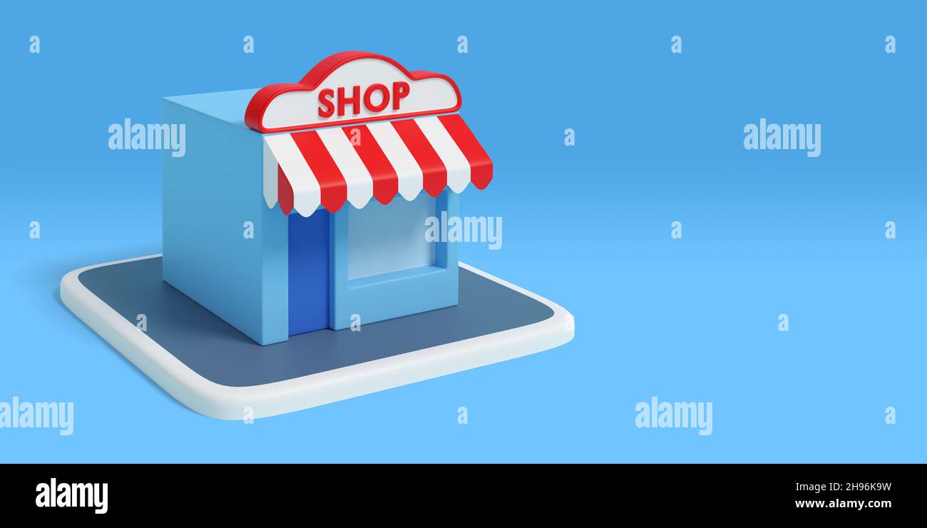 Magasin en trois dimensions avec espace de copie.Style de dessin animé.illustration 3d. Banque D'Images