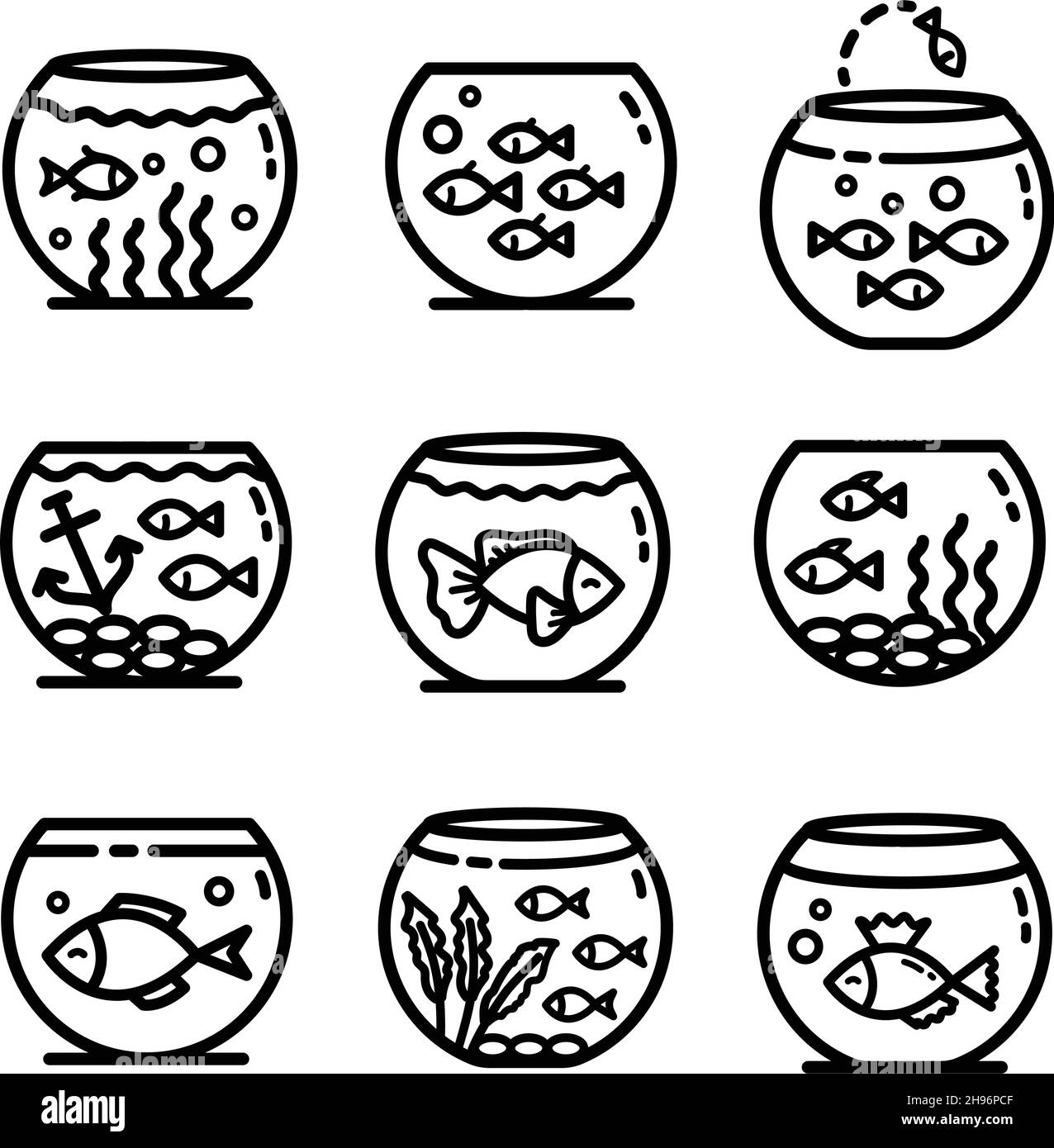 Aquarium réservoirs présentent des icônes ensemble, différents types d'aquariums avec des plantes et des poissons.Illustrations vectorielles isolées en blanc. Illustration de Vecteur