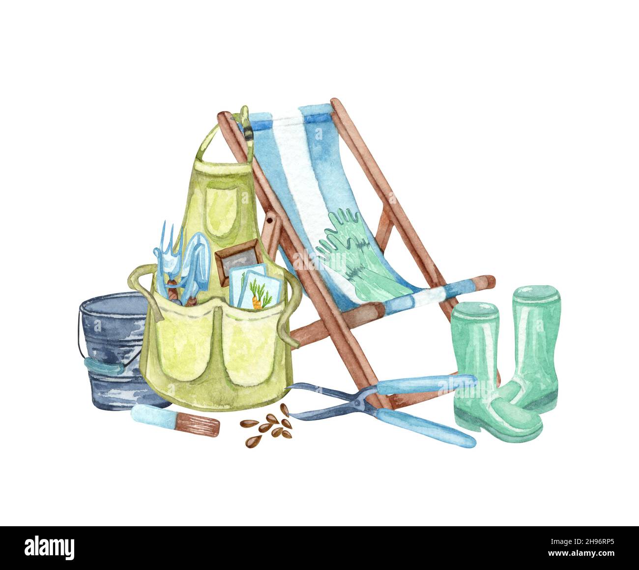 Jeu d'aquarelles d'objets de jardin tablier, bottes en caoutchouc, panier  d'arrosage, pot de fleurs, chaise longue.Outils de jardinage.Illustration  jardin de printemps Photo Stock - Alamy