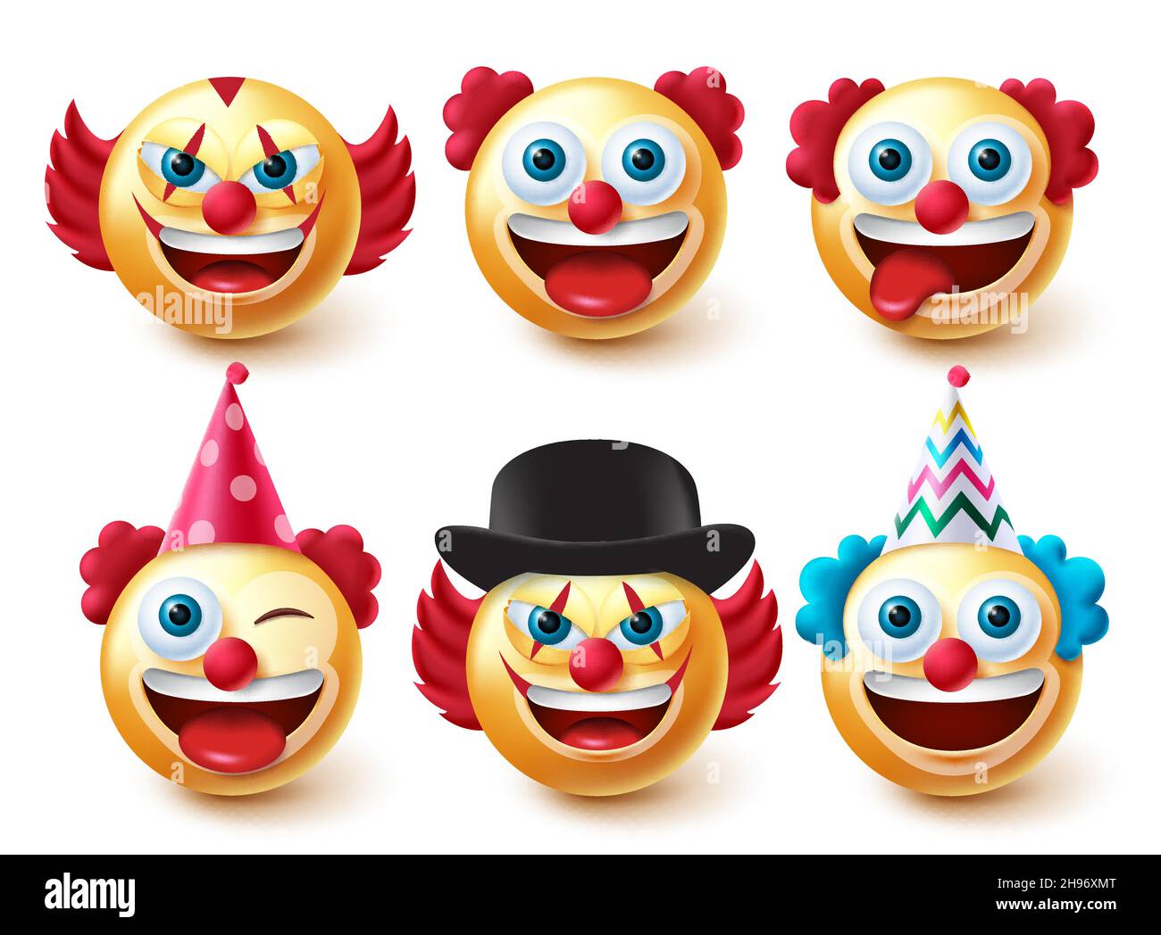 Jeu de vecteurs de caractères emoji Clowns.Emojis personnages d'anniversaire dans les visages drôles et effrayants isolés en fond blanc pour la fête clown émoticône. Illustration de Vecteur