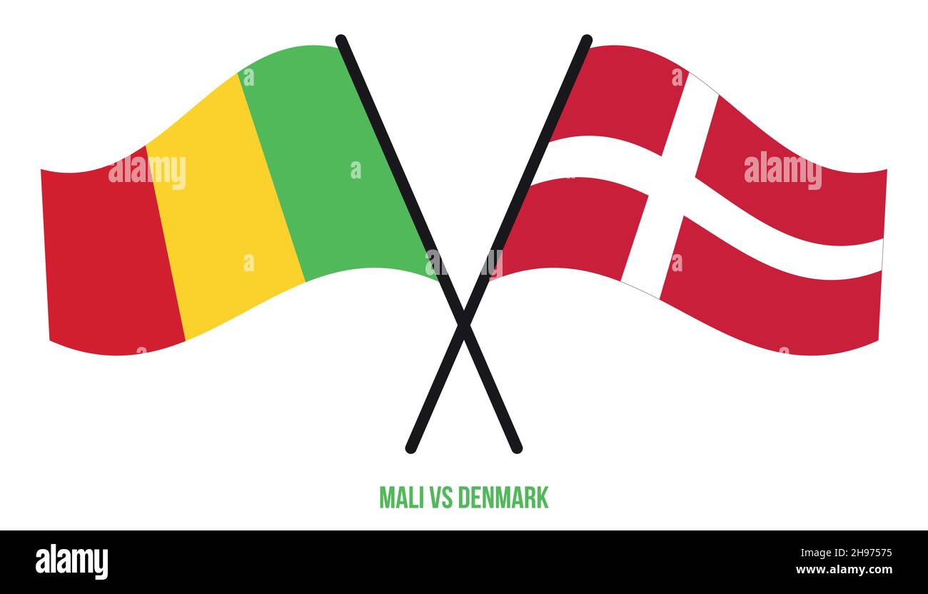 Mali et Danemark drapeaux croisés et ondulant le style plat. Proportion officielle. Corriger les couleurs. Illustration de Vecteur