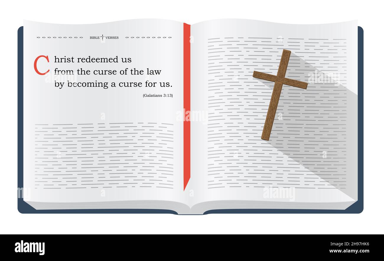 Versets bibliques sur Jésus Christ sacrifice - Galates 3:13.Saintes Écritures inspirantes pour les études bibliques et les sites chrétiens, illustrationratio Banque D'Images
