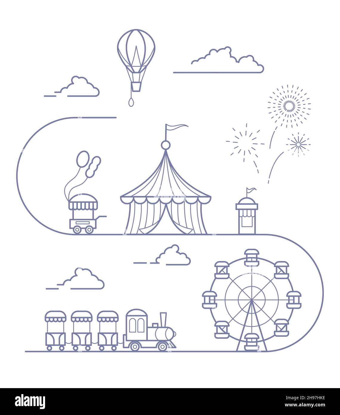 Panorama d'un parc d'attractions avec une grande roue, cirque, manèges, montgolfière, château gonflable.Paysage de parc urbain.Illustration vectorielle Illustration de Vecteur