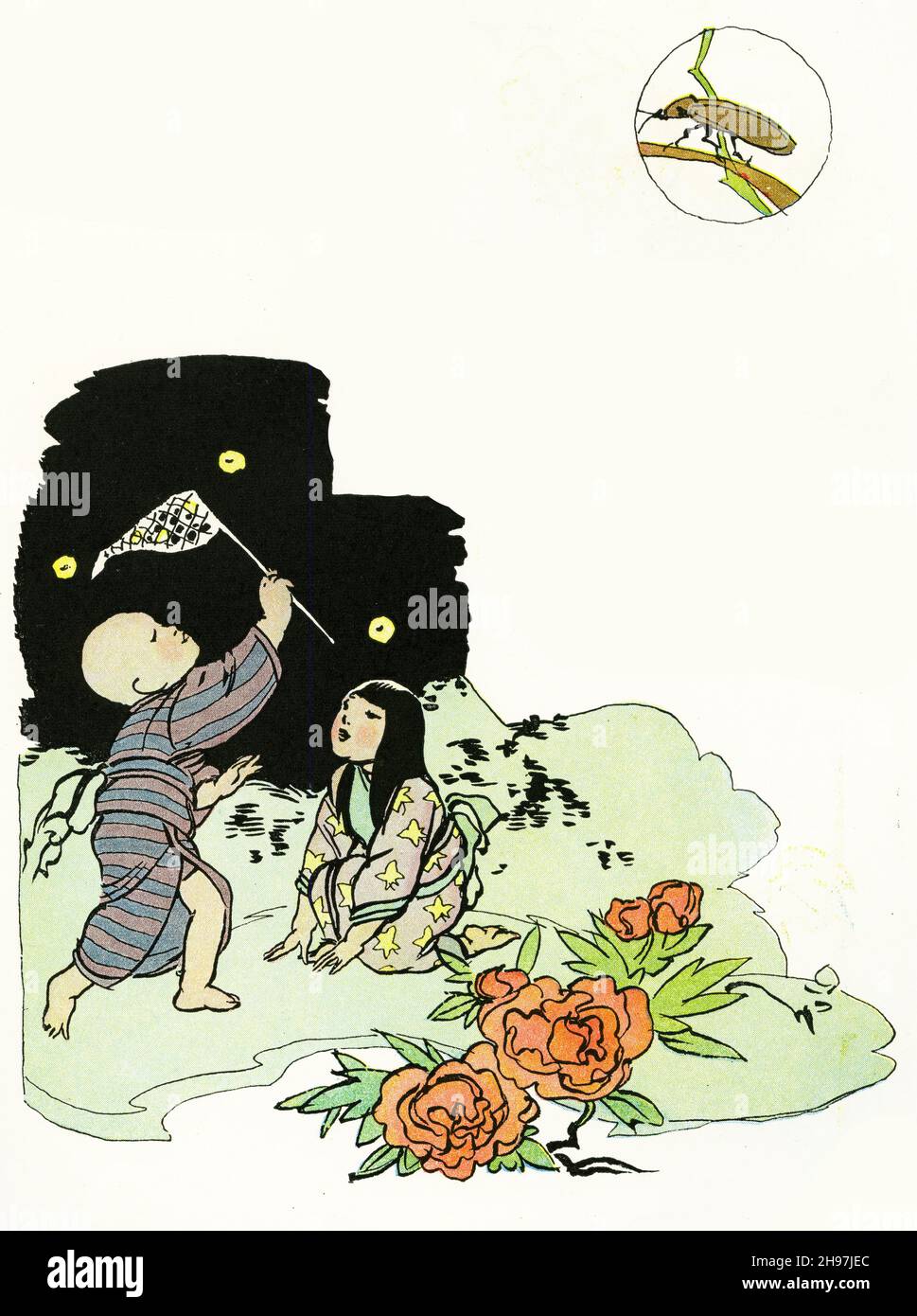 Illustration pittoresque de la vie traditionnelle au Japon, avec des enfants attrapant des lucioles; publié vers 1928 Banque D'Images