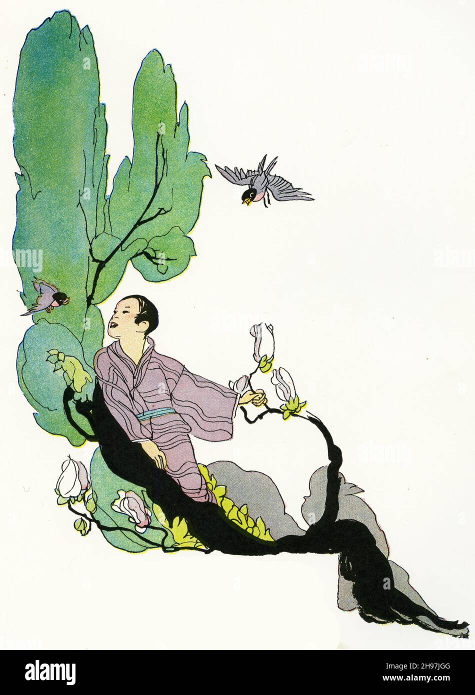 Illustration pittoresque de la vie traditionnelle au Japon, avec un jeune homme nourrissant des oiseaux sous un arbre; publié vers 1928 Banque D'Images