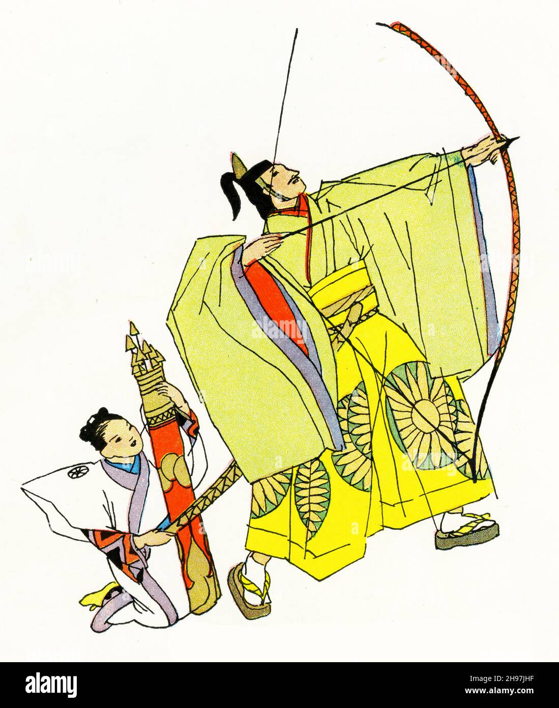 Illustration pittoresque de la vie traditionnelle au Japon, avec le mikado tirant sa flèche d'un arc de longue longueur; publié vers 1928 Banque D'Images