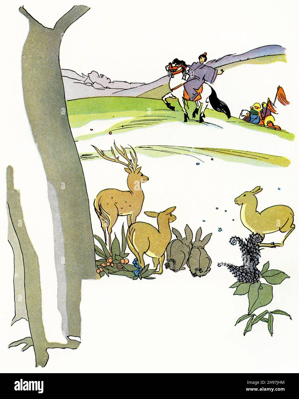 Illustration pittoresque de la vie traditionnelle au Japon, avec des animaux de jeu observant le prince lors d'une expédition de chasse ; publié vers 1928 Banque D'Images