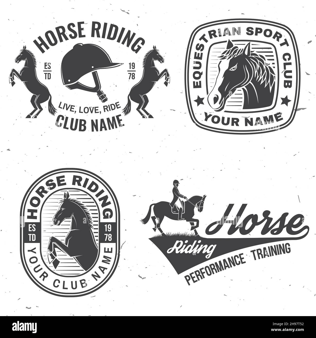 Ensemble de badges, patches, emblème, logo de club de sport de  cheval.Illustration vectorielle.Étiquette équestre monochrome vintage avec  cavalier et cheval Image Vectorielle Stock - Alamy