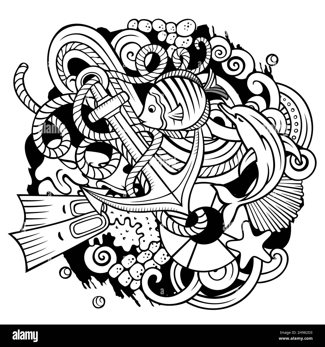 Illustration de dessins animés de plongée.Sports nautiques éléments et objets arrière-plan.Image amusante et simple.Tous les éléments sont séparés Illustration de Vecteur