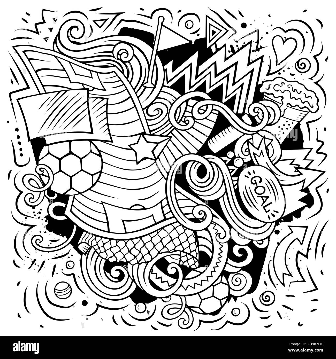 Dessin animé vectoriel de dessins de football illustration.Dessin au trait, détaillé, avec beaucoup d'arrière-plan d'objets.Tous les objets sont séparés.Football image drôle Illustration de Vecteur