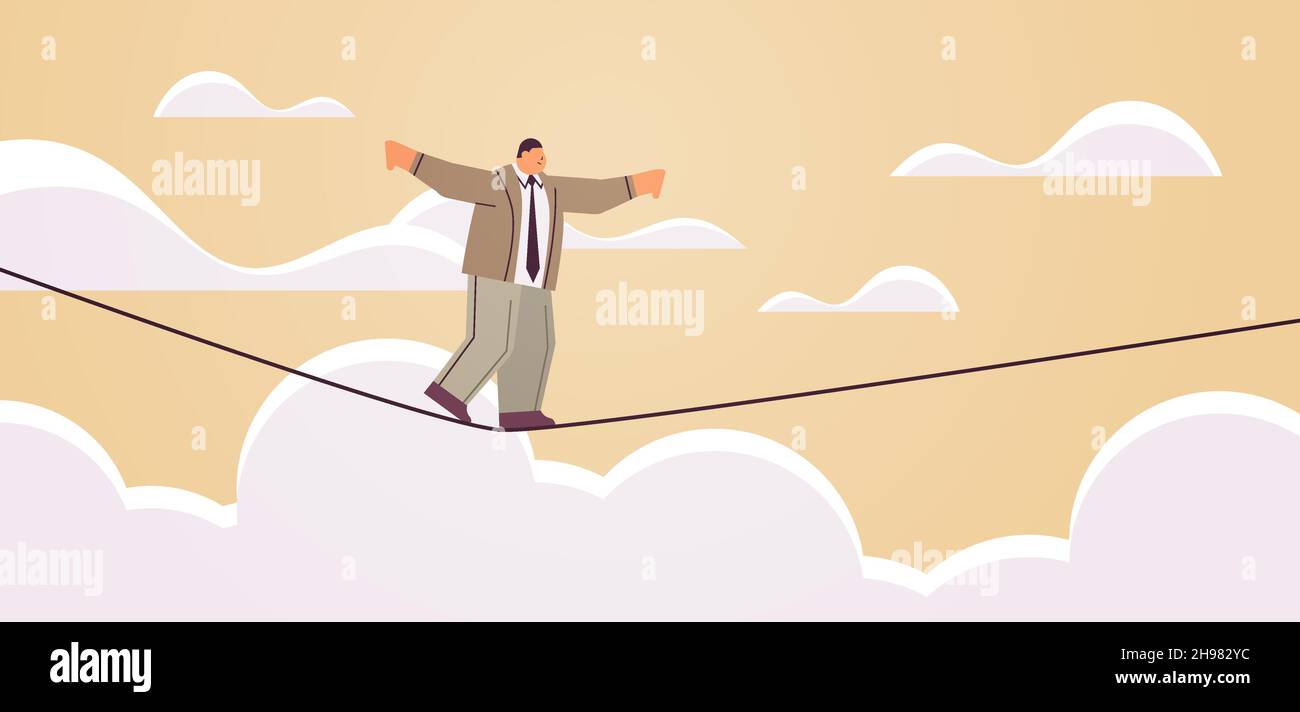 homme d'affaires marchant sur l'équilibre serré corde risque défi aider dans le concept d'affaires horizontal pleine longueur Illustration de Vecteur