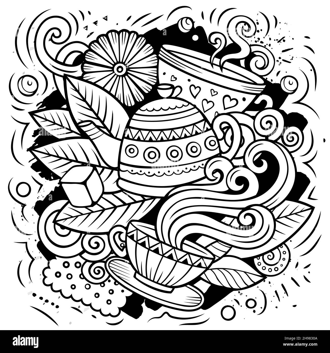 Dessin animé vectoriel gribouillis illustration de l'heure du thé.Esquissé, détaillé, avec beaucoup d'arrière-plan d'objets.Tous les objets sont séparés.Café image drôle Illustration de Vecteur