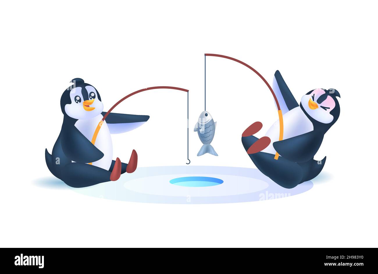 manchots mignons utilisant des tiges d'oiseaux antarctiques pêchant ensemble sur toute la longueur horizontale Illustration de Vecteur