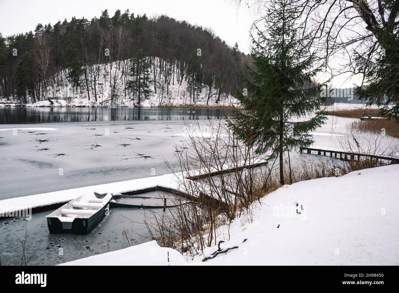 Lac gelé en hiver avec trous, avec jetée, bateaux en bois et sapins couverts de neige, famille de cygnes et forêt en arrière-plan Banque D'Images