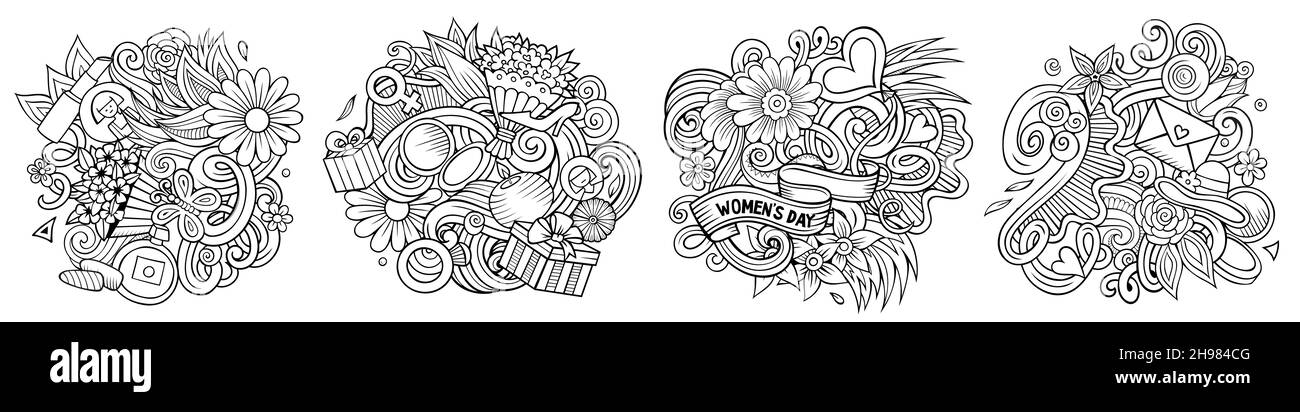 Happy Womens Day dessin animé photo Doodle designs set.Des compositions détaillées et superficielles avec beaucoup d'objets et de symboles de vacances de printemps.Isolé sur l'Ill blanc Banque D'Images
