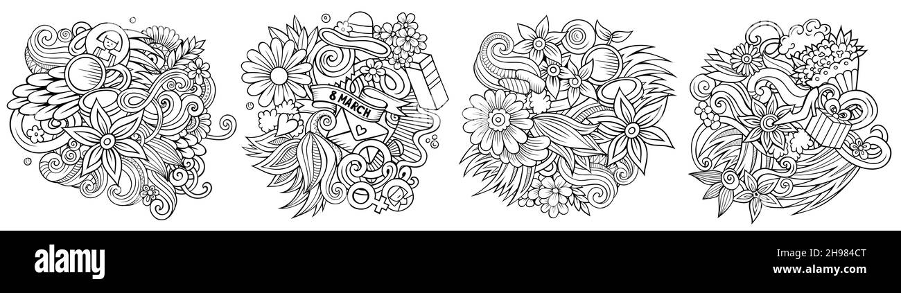 Happy Womens Day dessin animé photo Doodle designs set.Des compositions détaillées et superficielles avec beaucoup d'objets et de symboles de vacances de printemps.Isolé sur l'Ill blanc Banque D'Images