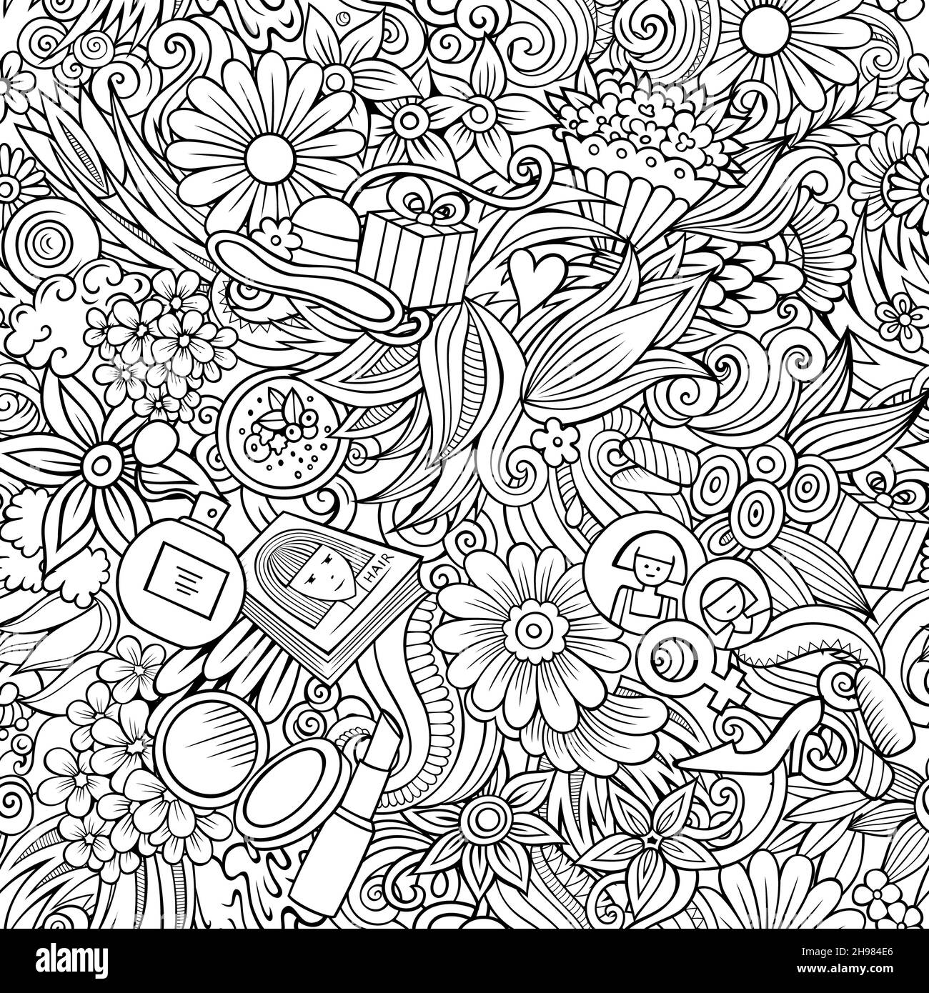 Dessins animés motif sans couture 8 mars. Toile de fond avec des symboles et des objets pour la fête des femmes. Arrière-plan détaillé et esquisse pour une impression sur tissu, textile, Banque D'Images