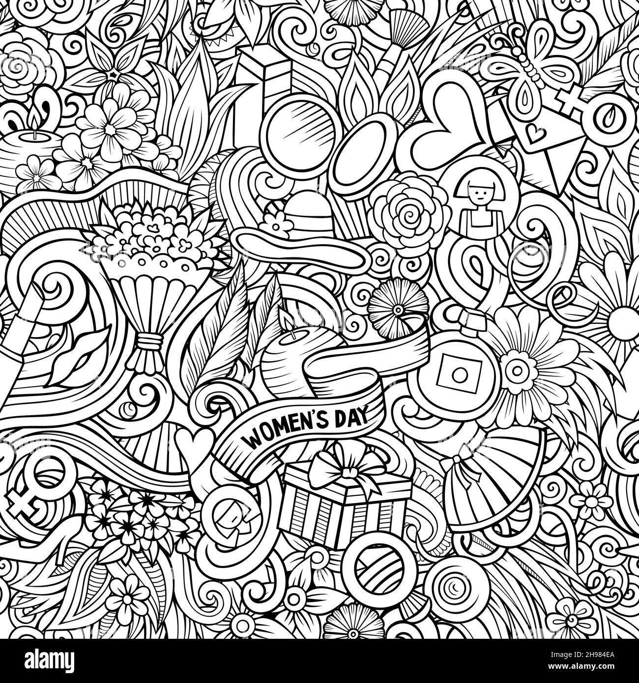 Dessins animés motif sans couture 8 mars. Toile de fond avec des symboles et des objets pour la fête des femmes. Arrière-plan détaillé et esquisse pour une impression sur tissu, textile, Banque D'Images