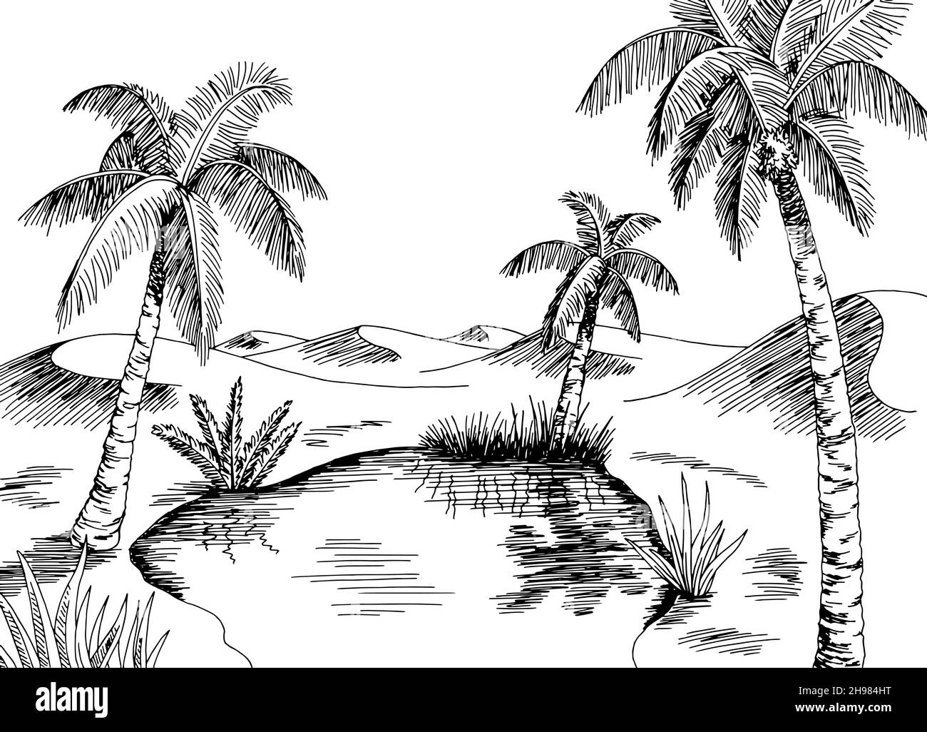 Oasis Desert graphique noir blanc paysage illustration vecteur Illustration de Vecteur