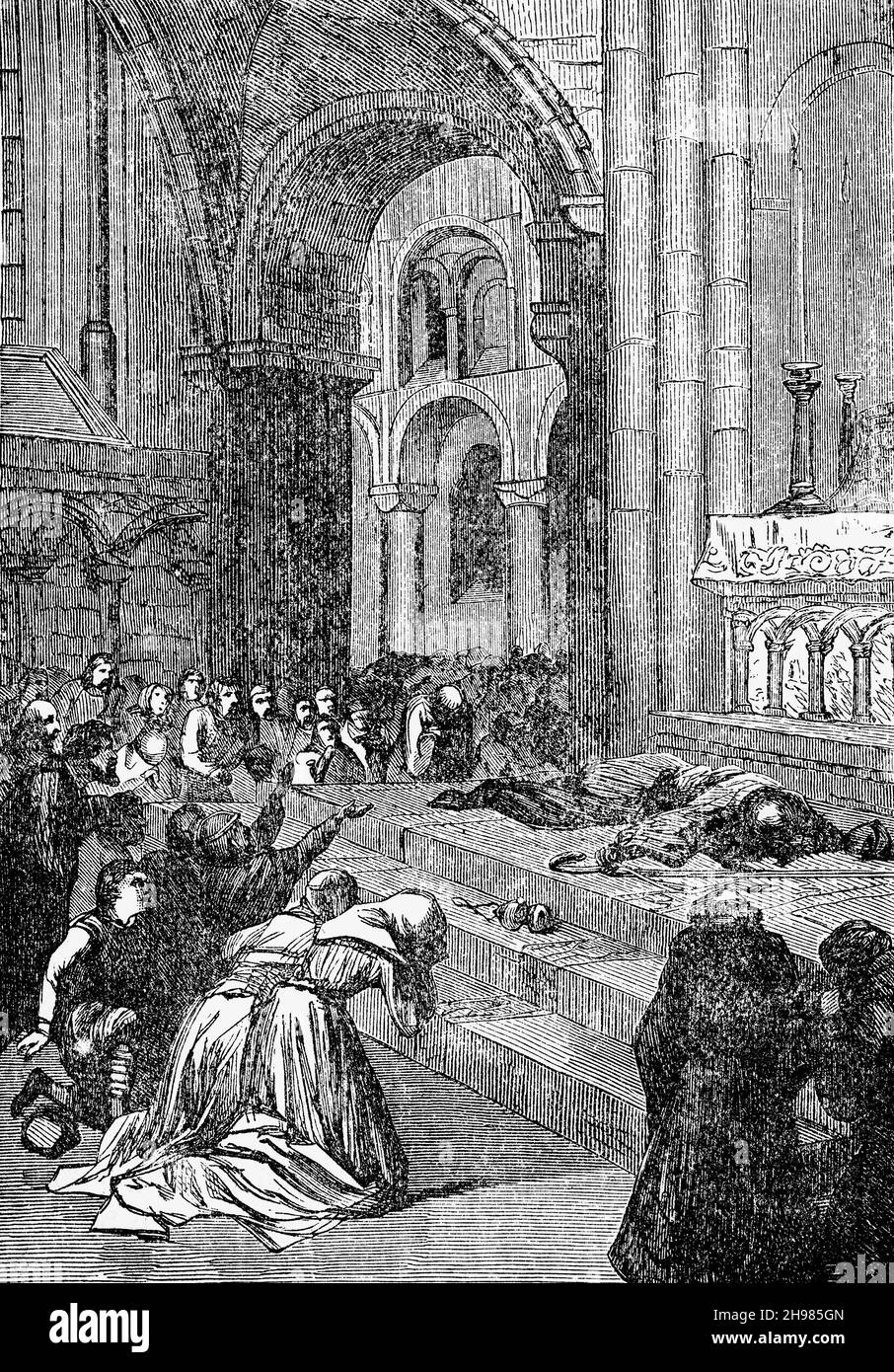 Illustration du meurtre de Thomas Becket à la cathédrale de Canterbury, dans le Kent, en Angleterre, le 29 décembre 1170, à la fin du XIXe siècle.Becket était l'une des figures les plus puissantes de son temps, en tant que chancelier royal et plus tard en tant qu'archevêque de Canterbury.Initialement ami proche du roi Henry II, les deux hommes se sont lancés dans une dispute amère qui a abouti au meurtre choquant de Becket par des chevaliers ayant des liens étroits avec le roi. Banque D'Images
