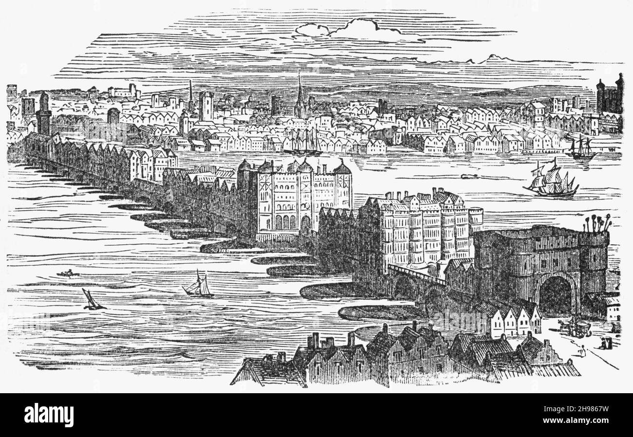 Une illustration du vieux pont de Londres de la fin du XIXe siècle s'est achevée en 1209.Presque immédiatement, le pont est devenu non seulement un important passage commercial, mais aussi un lieu d'affaires et résidentiel de choix.Des boutiques bordaient les deux côtés de la route entre les portes fortifiées à chaque extrémité; des maisons ont été construites au-dessus des boutiques, avec 138 locaux enregistrés en 1358.Des passerelles et des chambres supplémentaires ont été étendues entre les bâtiments, transformant la chaussée en un passage semblable à un tunnel par lequel les marchands et autres voyageurs ont bustled. Banque D'Images