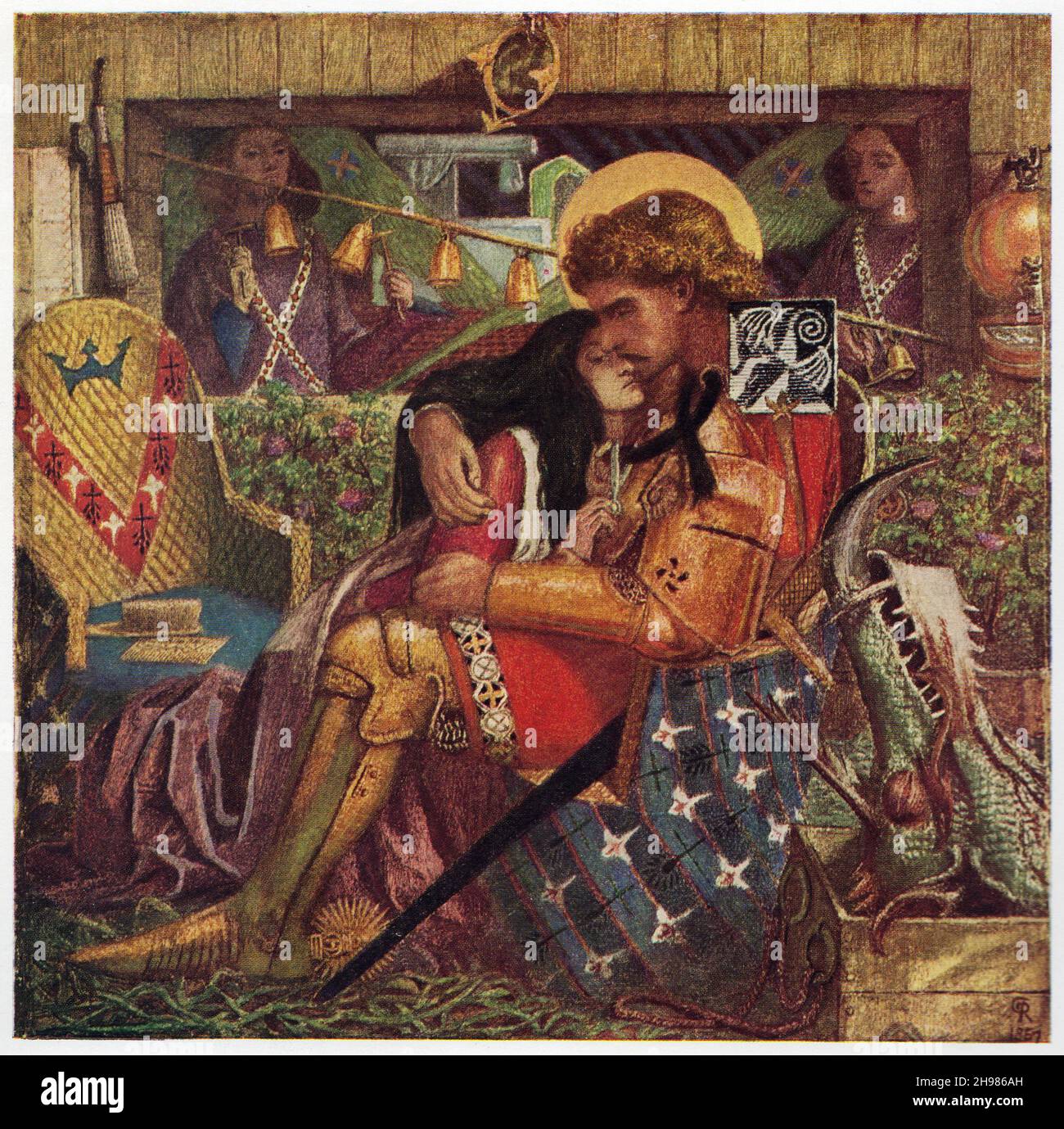 Le mariage de St George et de la princesse Sabra, 1857.Sabra enfile une mèche de cheveux à travers le casque de St George; à l'angle se trouve la tête coupée du dragon qu'il vient de tuer pour la sauver.Jane Burden était le modèle de Sabra.Peinture dans la collection de la Tate Gallery, Londres.De "Pre-Raphaelite Peinters" par Robin Ironside, avec un catalogue descriptif de John Gere.[The Phaidon Press Ltd, Londres, 1948] Banque D'Images