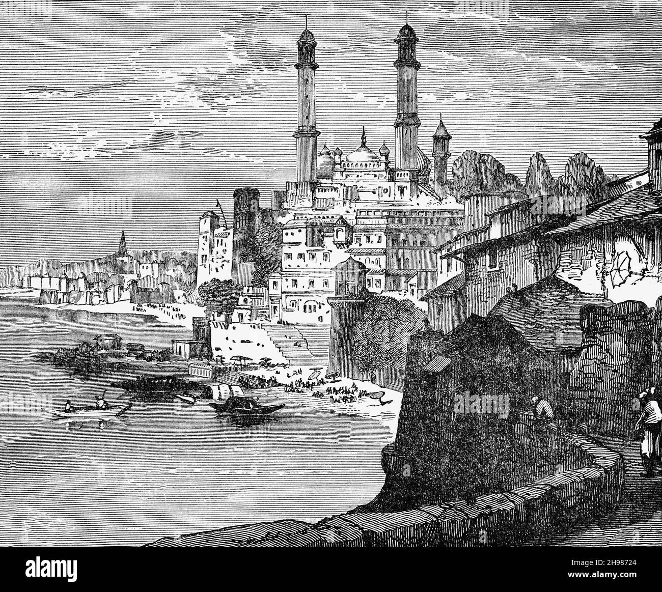 Illustration de Varanasi aka Benares, ville située sur les rives du Gange dans l'Uttar Pradesh, en Inde, à la fin du XIXe siècle.Centre religieux majeur en Inde, il est le plus sacré des sept villes sacrées de l'hindouisme et du Jainisme, et a joué un rôle important dans le développement du bouddhisme et de la Ravidassia. Banque D'Images