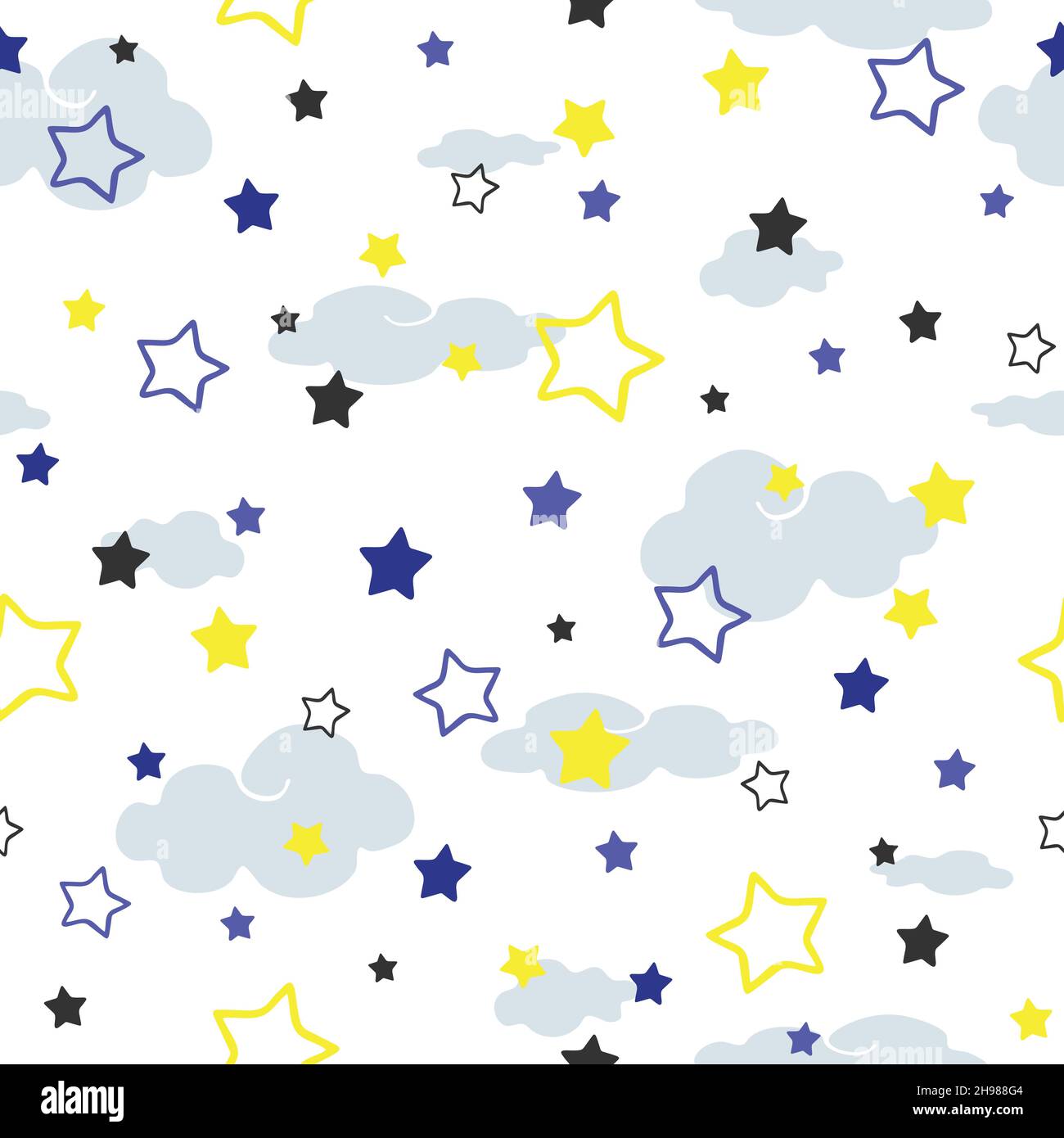 Motif vectoriel transparent avec étoiles et nuages sur fond blanc. Papier peint ciel de nuit simple pour les enfants. Textile de mode de douche de bébé. Illustration de Vecteur