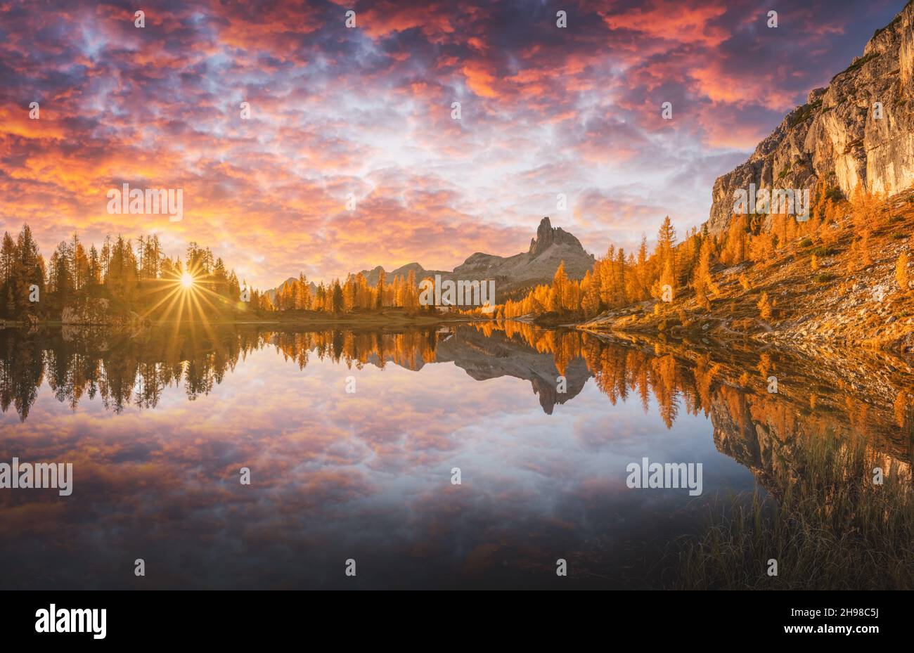 Incroyable lever de soleil violet sur le lac Federa dans les Dolomites APLs.Paysage de montagnes d'automne avec Lago di Federa et larches d'orange vif, Cortina d'Ampezzo, Tyrol du Sud, Dolomites, Italie Banque D'Images