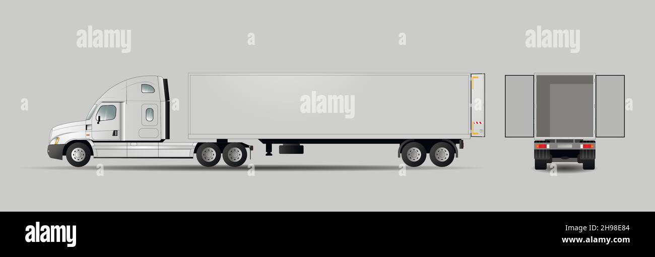 Camion américain moderne avec portes de remorque ouvertes.Vues latérale et arrière.Camionnette de livraison isolée.Illustration vectorielle plate. Illustration de Vecteur