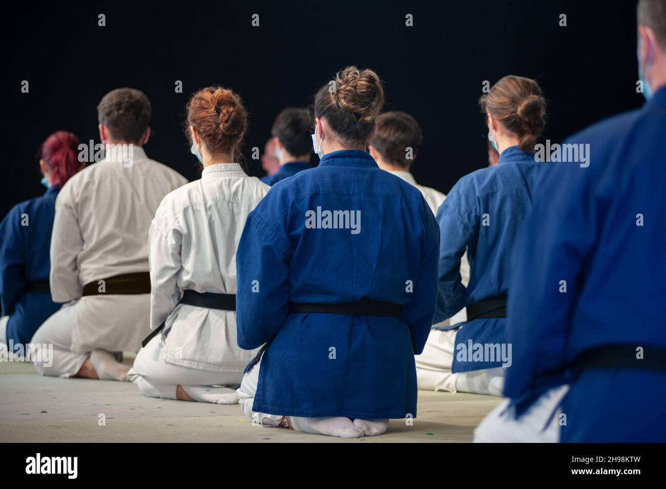 Les athlètes de Karate (ceinture noire) s'agenouillent en position Seiza, de derrière. Banque D'Images