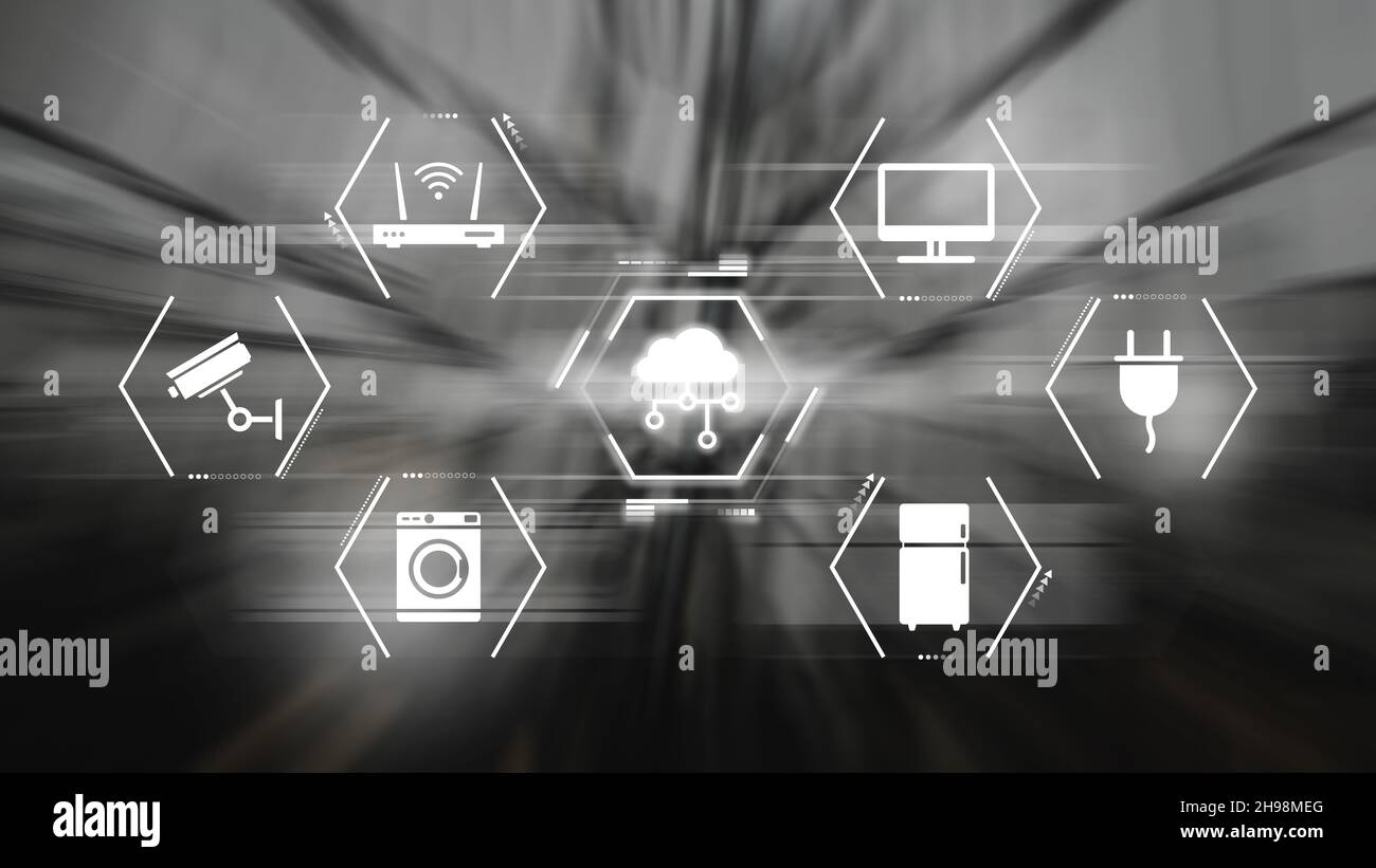 Concept IoT ou Internet des objets.Schéma avec les services et la sécurité du cloud, les appareils ménagers et l'électricité Banque D'Images