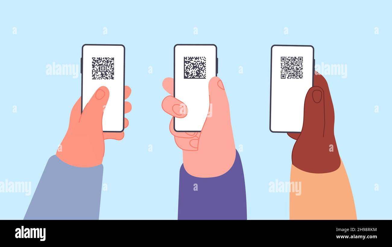 Identification qr personnelle.Mains tenant des téléphones avec codes QR à l'écran.Codes-barres pour les personnes, ID information sur le concept de vecteur de vaccination Illustration de Vecteur