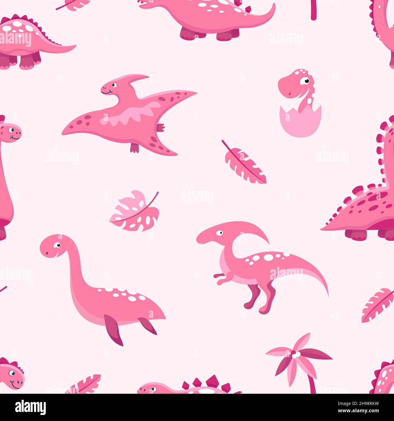 Motif dinosaure rose.Les dinosaures, les feuilles et les palmiers sont de jolis dessins animés.Texture sans couture de couleur pastel.Imprimé vectoriel de personnages préhistoriques amusants Illustration de Vecteur