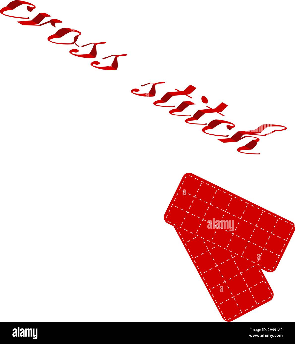 Croiser le mot de police de mosaïque 3d avec une bannière de balise carrée  rouge vide pour écrire le message.Expression de texte de point de croix  dans le style isométrique.Vecteur.Conceptuel Image Vectorielle