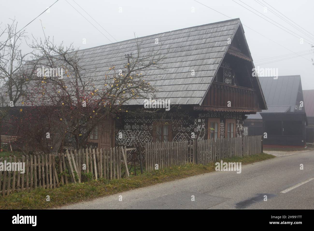 Maison traditionnelle en rondins décorée de motifs linéaires blancs dans le village de Čičmany dans la région de Žilina en Slovaquie. Banque D'Images