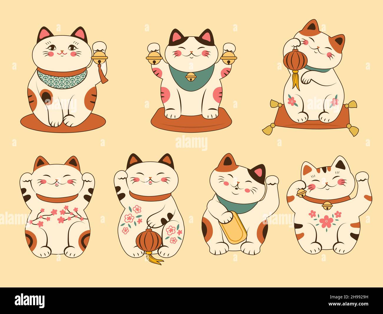 Maneki neko.Caractère authentique chinois asiatique chanceux chat belling cadeaux vecteur récent stylisé animaux Illustration de Vecteur